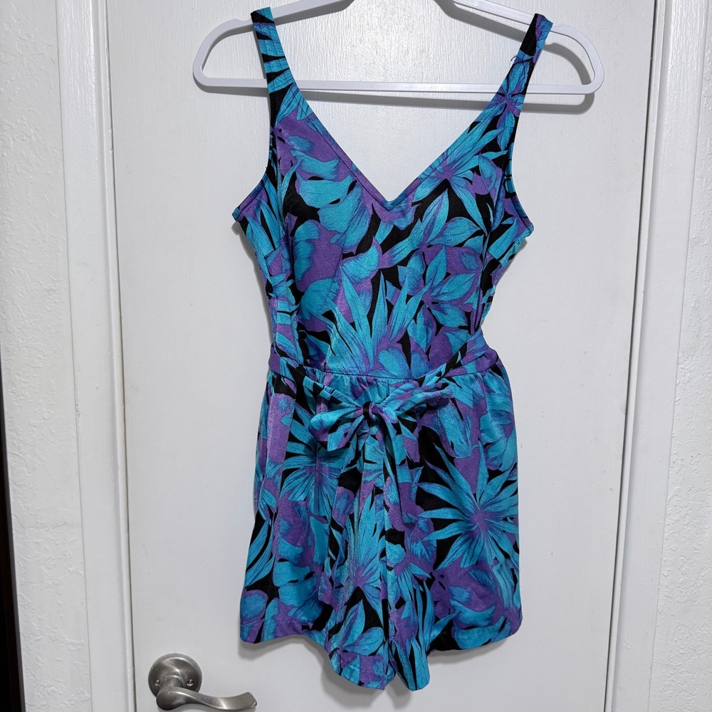 Maxine of Hollywood Floral Swim Romper Blue Purple Tropical One Piece Size 14